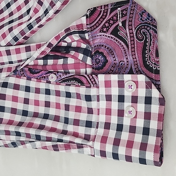 MICHELSON LONDON MENS BUTTON-DOWN PLAID WITH PAISLEY ACCENT CUFFS SIZE MEDIUM - Picture 9 of 11